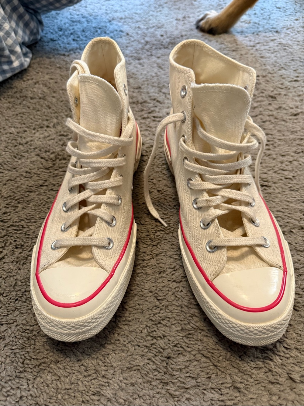 Women’s Size 11 - Converse Cream High-Top Sneakers with Pink Trim